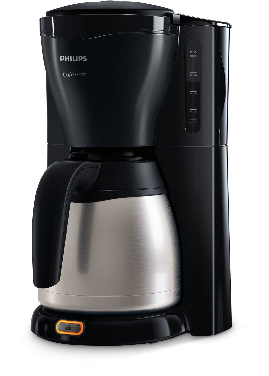 Philips HD7544/20 Café Gaia kaffemaskine i sort og sølv med en glansfuld metalkanne og en ergonomisk håndtag samt en tydelig vandniveauindikator på siden