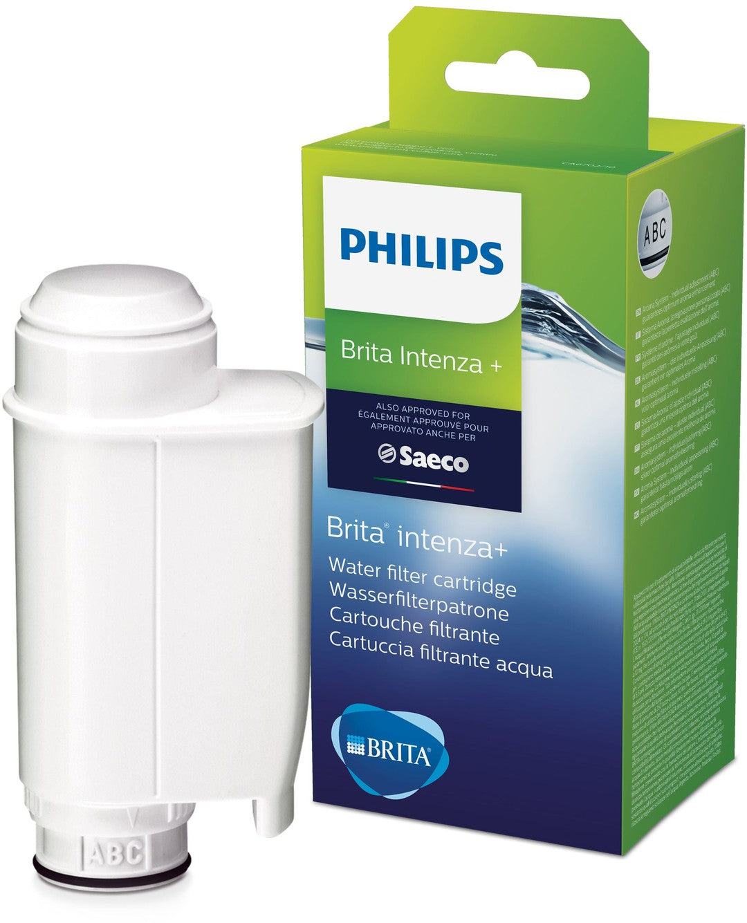 Philips CA6702/10 vandfilterpatron med en hvid cylindrisk form og et blødt plastikmateriale, præsenteret ved siden af en farverig emballage, med tydelige informationer om produktet, herunder en logo fra Saeco