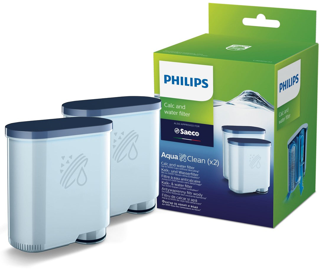Billede af Philips CA6903/22 kalk- og vandfilterpakke med to filtre i forgrunden og emballagen baggrund der viser produktinformation og branding