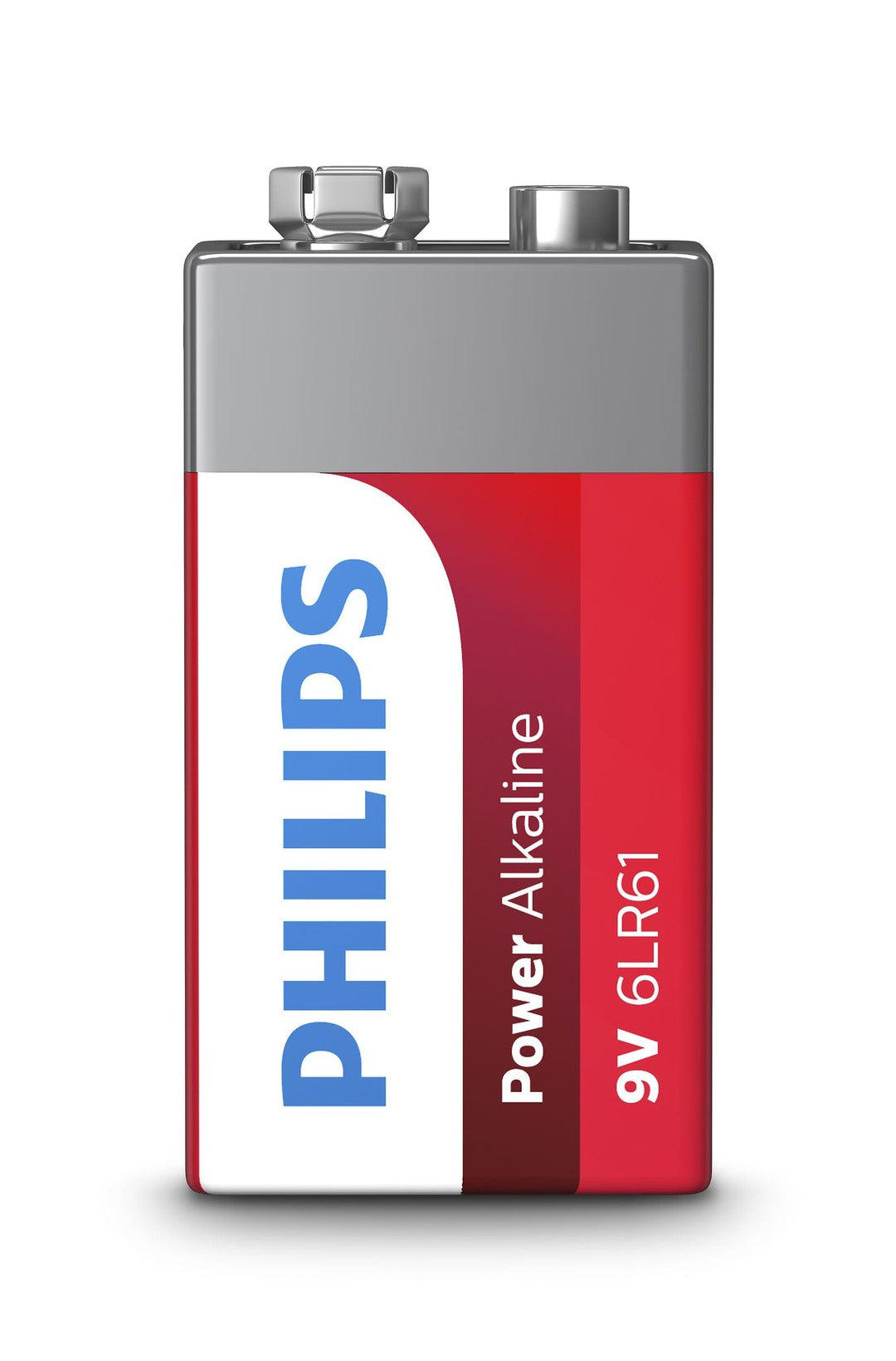 Philips 6LR61P1B/10 Power Alkaline 9V batteri i blisterpakke med rød og sølv farve samt tydelig påskrift af mærket Philips