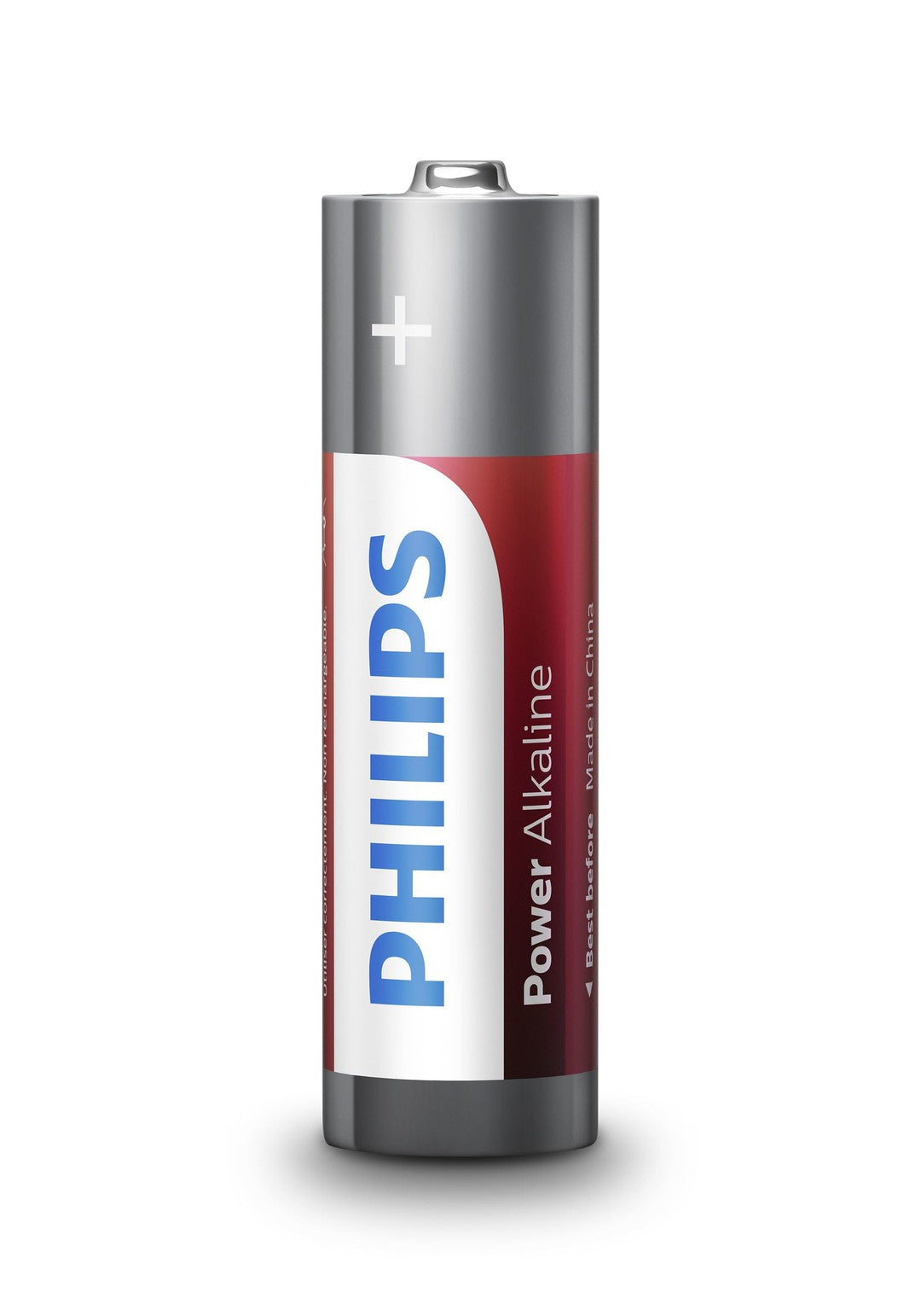 Philips Power Alkaline AA batteri med en rød og sølv emballage med tydelig mærkning af Philips navn og produktinformationer
