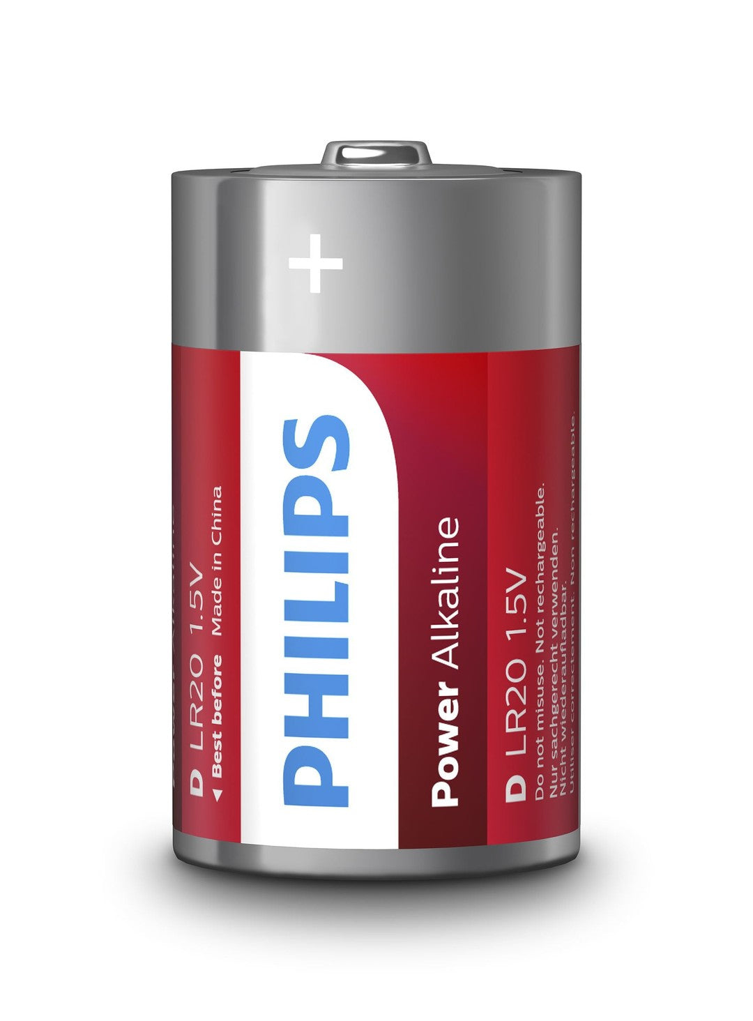 Batteri fra Philips model LR20P2B/10 Power Alkaline D med en spænding på 1,5V pakket med rød og sølv farve samt tydelig mærkning af producenten og specifikationer