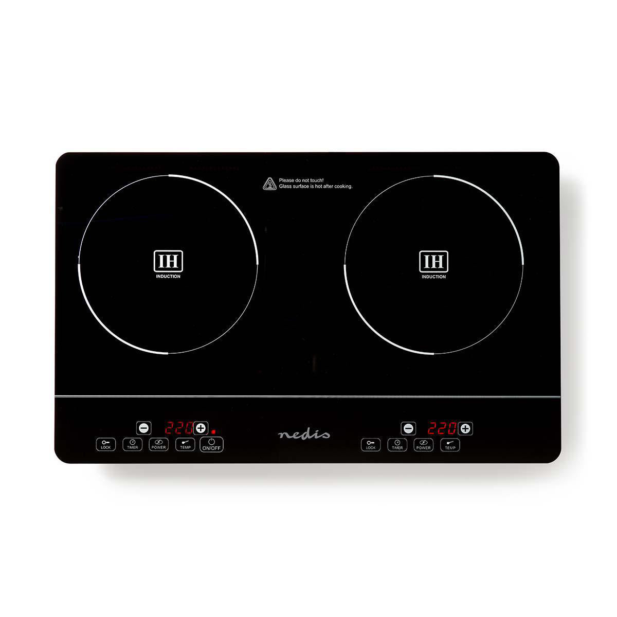 Dobbelt induktionskogeapparat fra Nedis med to cirkulære kogezoner og digitalt kontrolpanel der viser temperatur og effekt indstillinger i en slank sort design med en effekt på 3500 W