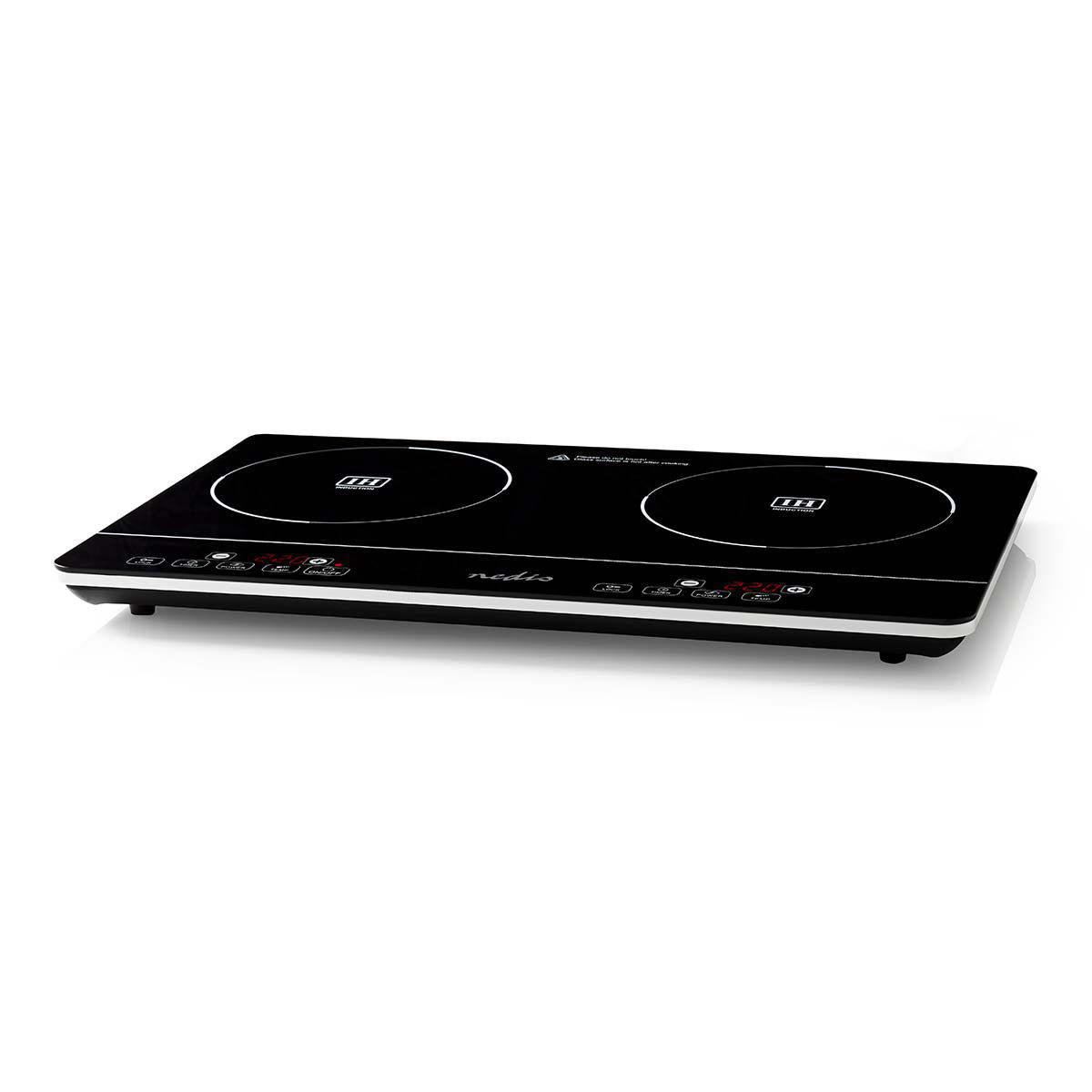 Dobbelt induktionskogeapparat fra Nedis med slank design og 3500 W kapacitet der har to madlavningszoner og et digitalt kontrolpanel med temperaturindstillinger på en sort overflade