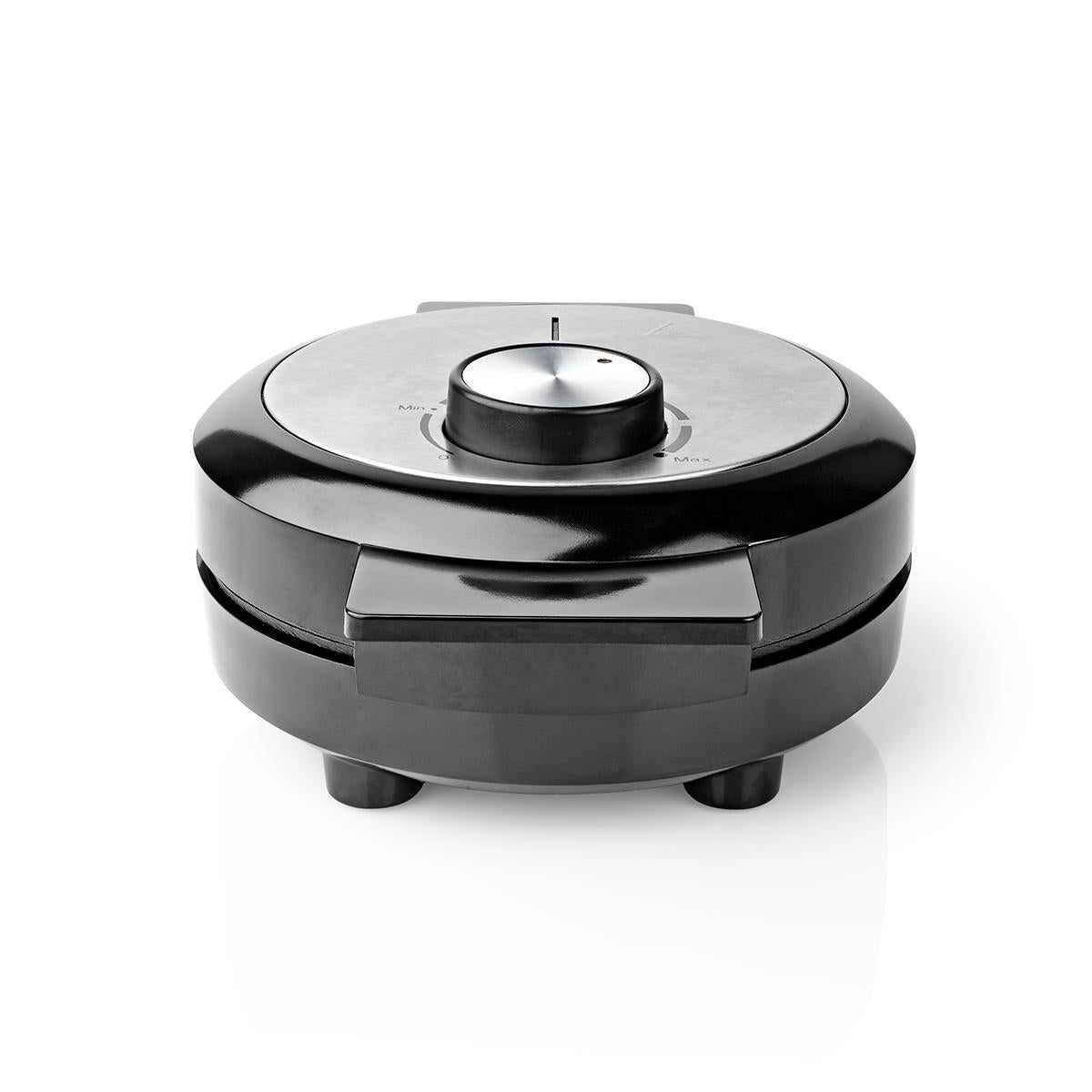 Vaffeljern Nedis KAWP100BK i sort farve med en diameter på 19 cm og en effekt på 1000 W designet til at lave sprøde vafler med justerbar temperaturkontrol.