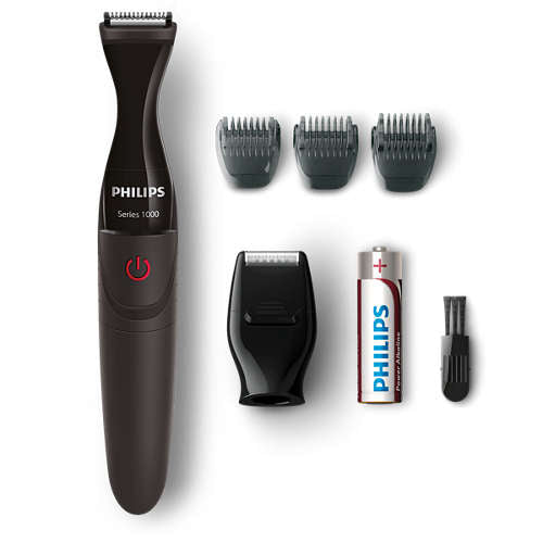 Præcisionstrimmer fra Philips med mini-barberhoved og vandtæt design inkluderer tre længdeindstillinger, rengøringsbørste og batteri for nem brug
