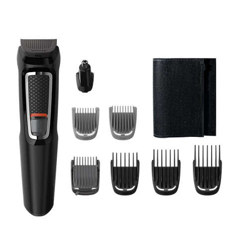 Philips MG3730/15 8-i-1 multigroom grooming kit med en sort trimmer, otte afstandscomb og opbevaringspose til ansigt og hårpleje