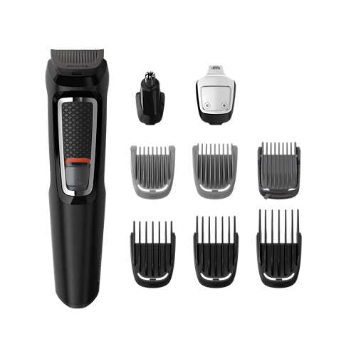Grooming kit fra Philips MG3740/15 med en trimmer og ni tilbehørsdele inkluderet en næsehårstrimmer og flere kamme til forskellige længder der viser det alsidige design til ansigt og hårpleje.