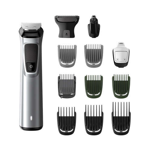Philips MG7715/15 Multigroom series 7000 med 13 funktioner til ansigt, hår og krop med træningshoved, udskiftelige kamme og detaljetrimmer i sølv og sort farve