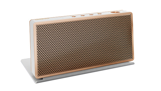 Bærbar Bluetooth-højttaler Onkyo OKAT3W/00 T3 i rose guld og hvid med gitterdesign og kontroller på toppen