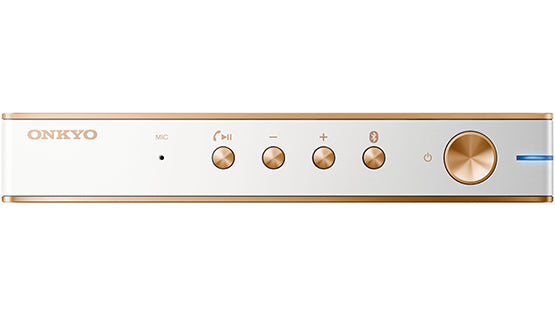 Billede af Onkyo OKAT3W/00 T3 bærbar Bluetooth-højttaler i rose guld og hvid med kontrolknapper og drejeknap på fronten