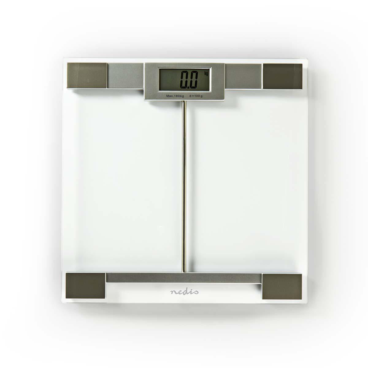 Digital vægt fra Nedis med hærdet glas og en maksimal kapacitet på 180 kg samt præcision på 100 g displayet viser vægten i kg designet har en moderne og stilren fremtoning