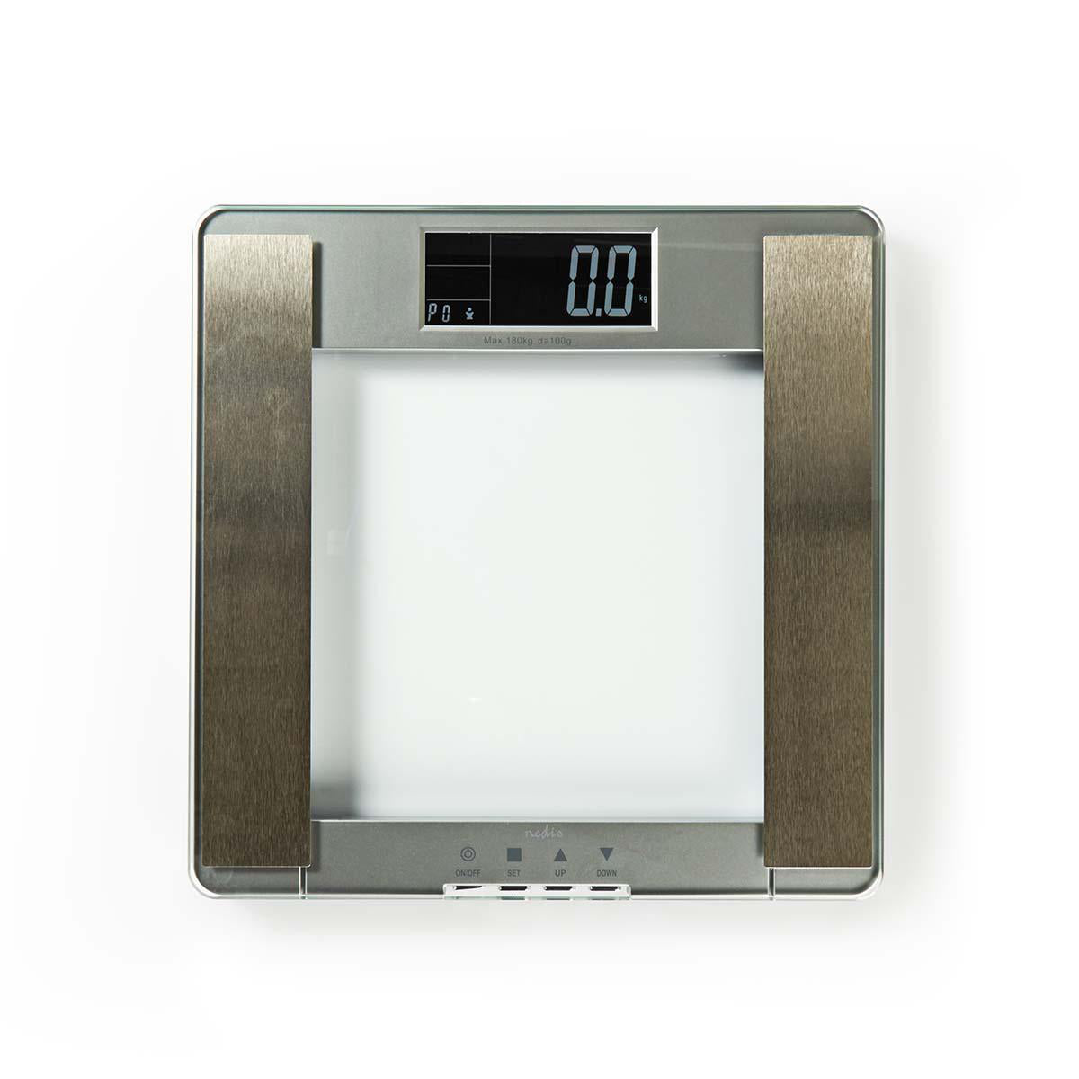 Nedis PESC120DCT personvægt med digital display og hærdet glasdesign velegnet til op til ti brugerprofiler og vejer op til 180 kg med en nøjagtighed på 100 g