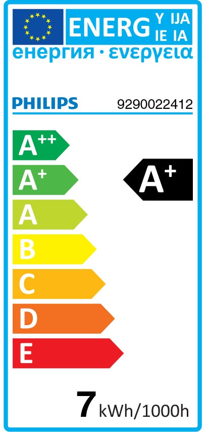 Energiklasse A+ mærke for Philips Hue White Filament E27 Edison ST64 Bluetooth med oplysninger om energiforbrug på 7 kWh pr. 1000 timer