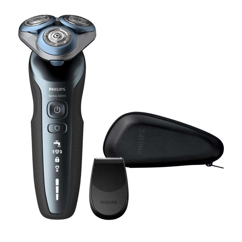 Philips S6620/11 barbermaskine med tre skærehoveder i moderne design sammen med en skægtrimmer og en praktisk opbevaringspose i sort farve