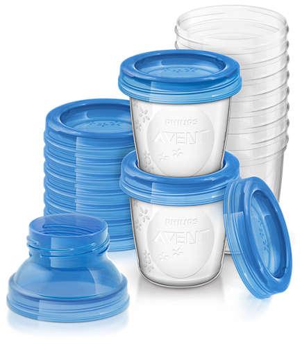 Kopper til opbevaring af modermælk fra Philips Avent i sæt med ti stk med blå låg og gennemsigtige beholdere stablet sammen