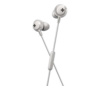 Philips SHE4305WT/00 BASS+ hovedtelefoner med mikrofon i hvid farve med en elegant og moderne design samt kontrolknap på ledningen