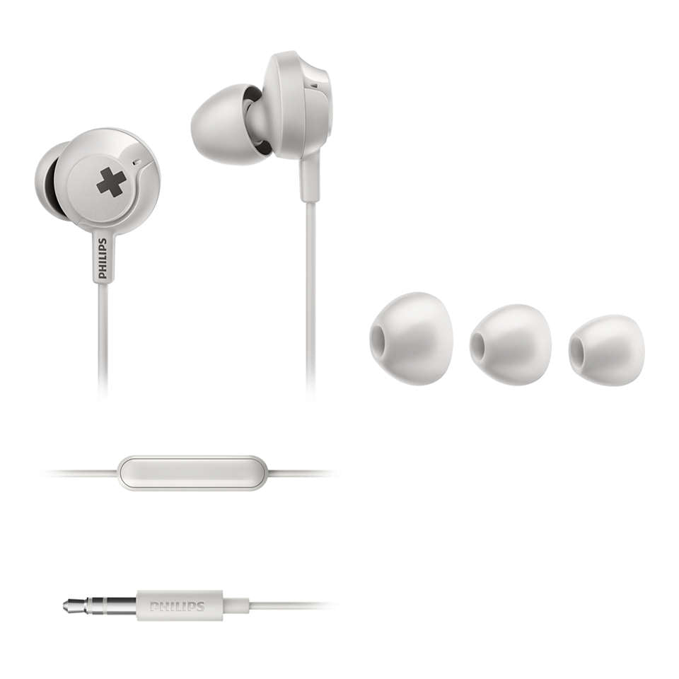 Hovedtelefoner Philips SHE4305WT/00 BASS+ i hvid farve med mikrofon og tre forskellige silikoneørepropper samt en ledning med en integreret kontrolknap og en 3.5 mm jackstik