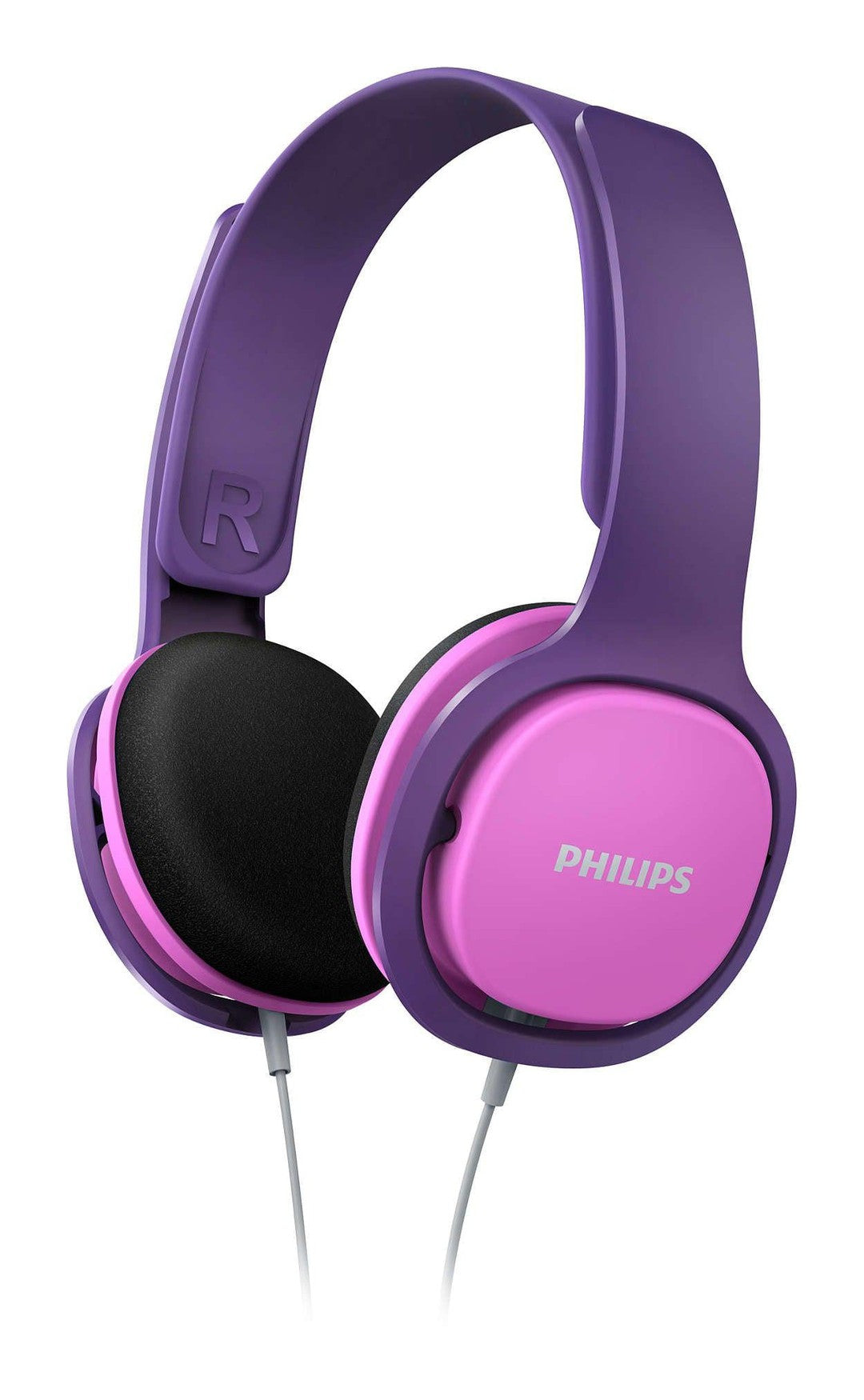 On-ear børnehovedtelefoner fra Philips i lyserøde og lilla farver med bløde ørepuder og justerbar hovedbøjle designet til børn