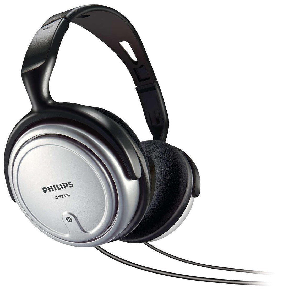 Philips SHP2500/10 indendørs TV hovedtelefoner med ledning i sølv og sort design over-ear konstruktion med bløde ørepuder og justerbar hovedbøjle