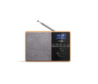 DAB radio fra Philips model TAR5505/10 med Bluetooth funktion i et design i lys træ og gråt stof, udstyret med en skærm, kontrolknapper og teleskopantenne