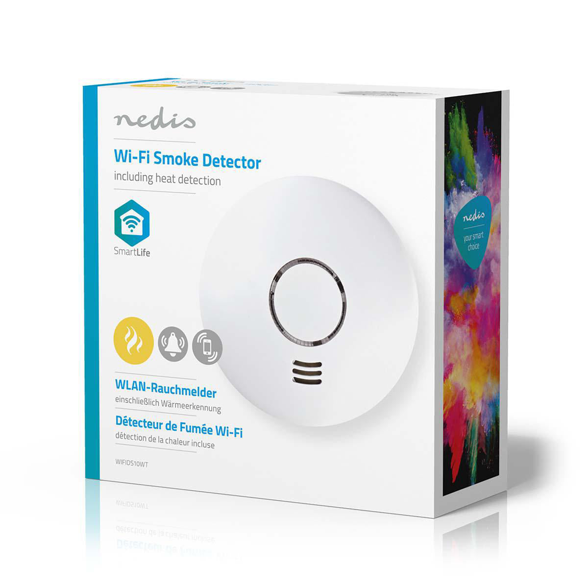 Nedis WIFIDS10WT Smart røgalarm i emballage med grafisk design og information om Wi-Fi funktionalitet og varmegenkendelse