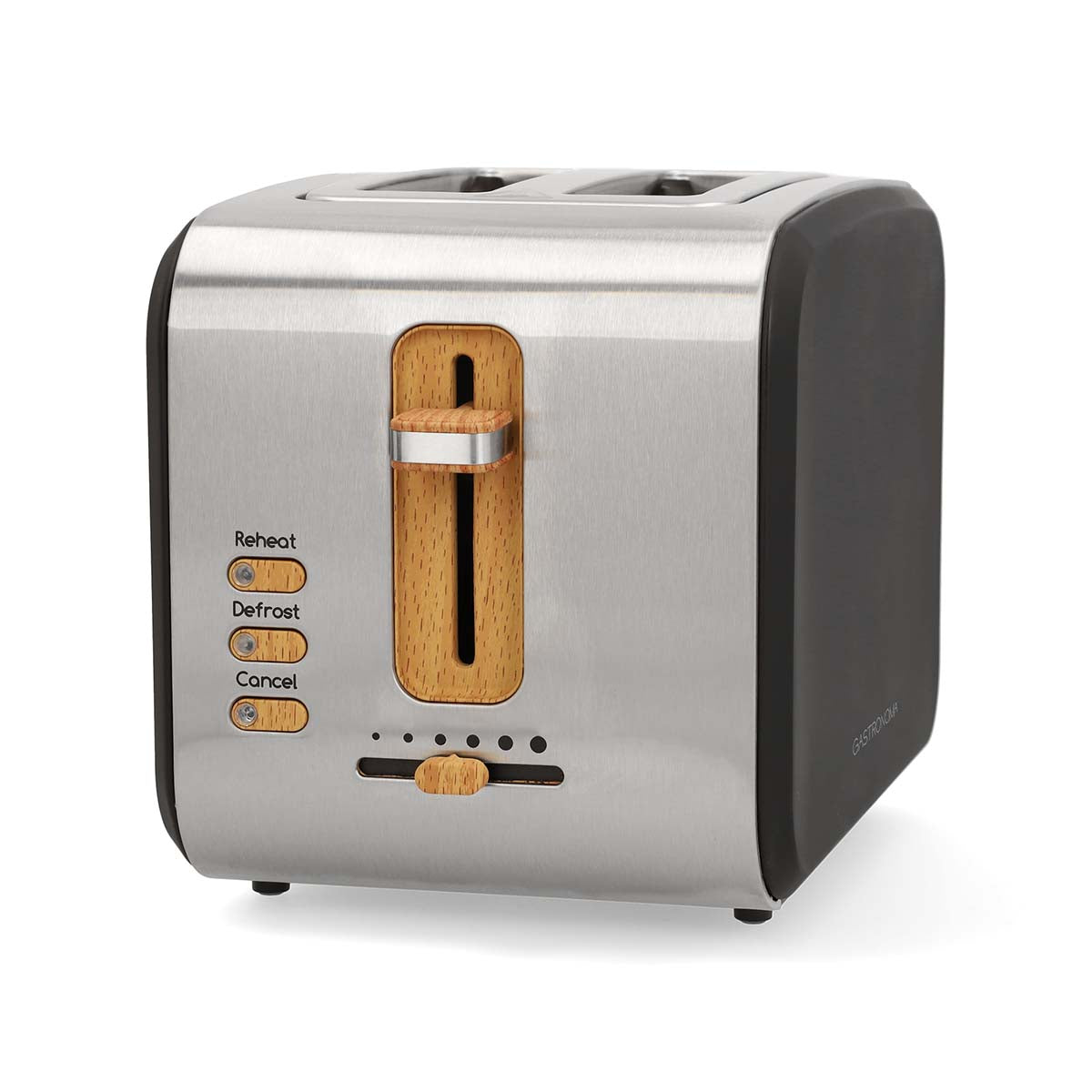 Gastronoma - Brødrister | 2 ekstra brede slots | 900 W | 6 bruningsniveauer | aftagelig krummebakke | annulleringsfunktion | opvarmningsstativ | silkeagtig sort finish med træ-look accenter - 18140005