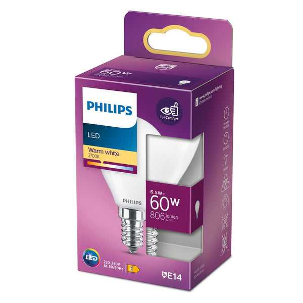 PHILIPS LED pære Classic krone 60W E14 i varm hvid farve med mat overflade ikke dæmpbar 1 pakke med detaljeret produktinformation og energimærke