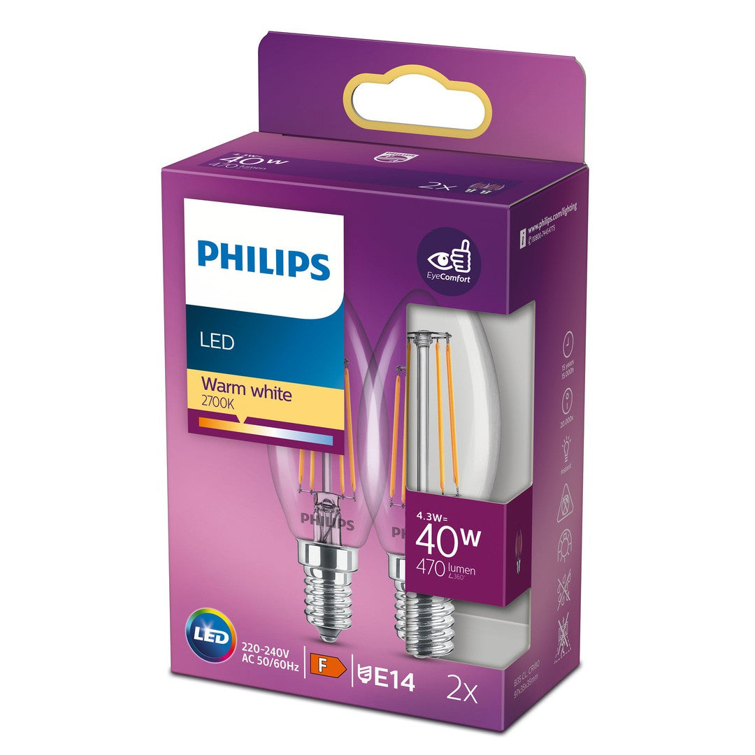 PHILIPS LED Classic Kerte Filament, 40W, E14, varm hvid, klar ikke dæmpbar, 2-pak BOX