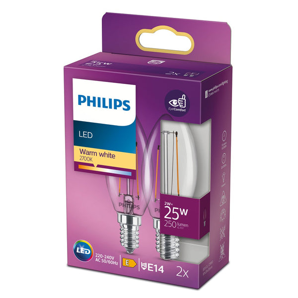 Philips LED Classic Kerte Filament pakket med to lyskilder 25W E14 varm hvid 2700K klar ikke dæmpbar med energimærkning E og 250 lumen synligt fra emballagen
