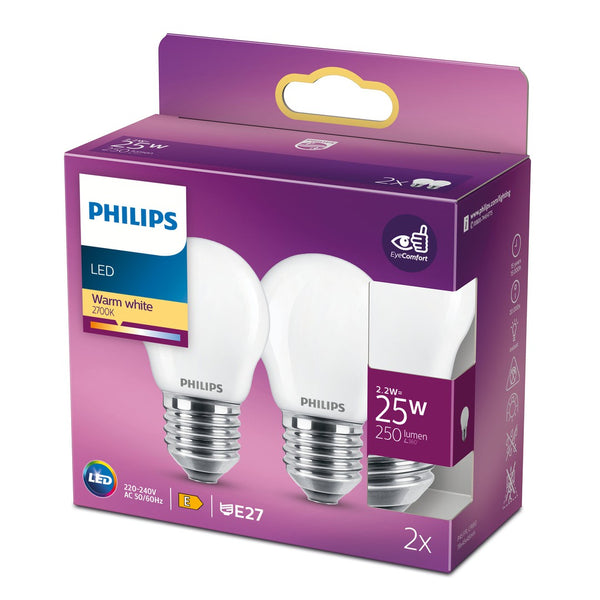 PHILIPS LED klassisk kronepære 25W E27 varm hvid mat ikke dæmpbar i 2-pak emballage med illustreret information om produktet og energimærkning