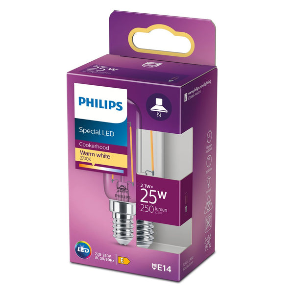 PHILIPS LED Classic Filament pære til emhætte 25W klar E14 pakke med farven varm hvid og en lysstyrke på 250 lumen designet til effektiv belysning i køkkenet energimærket E med specifikationer for spænding og frekvens 220-240V AC 50/60Hz