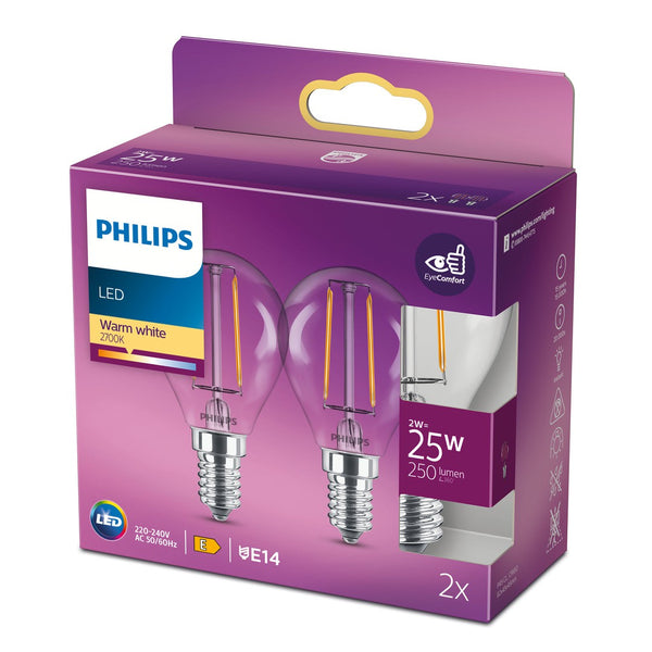 PHILIPS LED Classic Krone Filament pære 25W E14 varm hvid klar ikke dæmpbar i 2-pak med tydelig emballage og energimærke