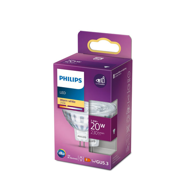 PHILIPS LED Classic glas spot 20W GU5,3 varm hvid ikke dæmpbar emballage med information om lysstyrke og energimærkning