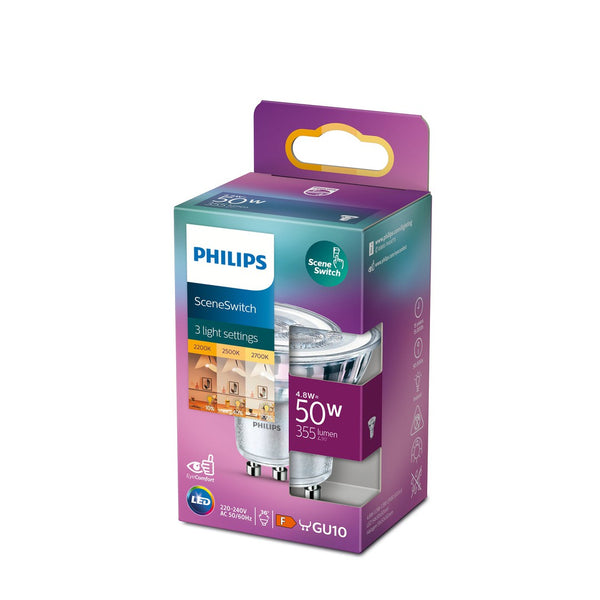 PHILIPS LED 50W Spot GU10 med SceneSwitch funktion som kan skifte mellem tre lysindstillinger varm hvid 2200K 2500K og 2700K pakket i farverig emballage med detaljer om lumen og energimærke