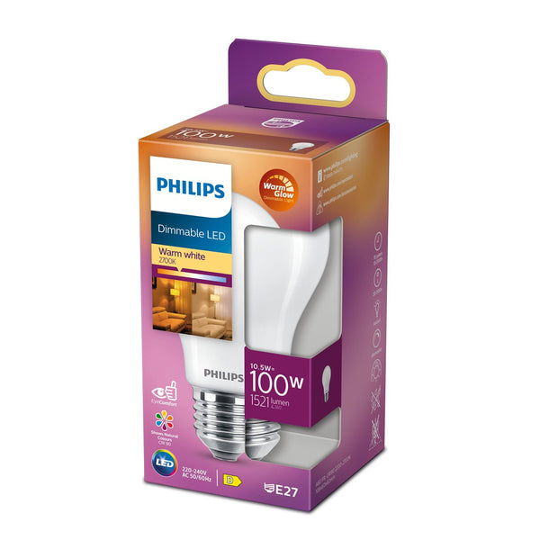 PHILIPS LED pære i standardglas med varm glow effekt E27 10 5W svarende til 100W indholdende 1521 lumen pakke med beskrivelse af dæmpbar varm hvid lyskilde 2700K og energimærke D