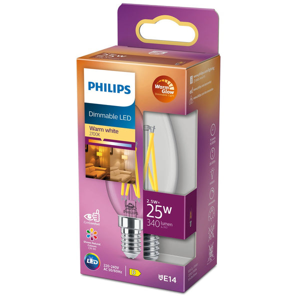 Billede af emballagen til PHILIPS LED Classic Filament 25W kerte E14 med varm hvid farvetemperatur 2700K og dæmpbar funktion markeret tydeligt på pakken der også viser energimærkning og produktinformationer som lumen og wattage