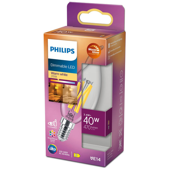 PHILIPS LED klassisk filamentpære 40W bøjet top E14 i varm hvid farve med dæmpbar funktion enkeltpakke med illustration af pæren og detaljer om lysstyrke og energimærkning