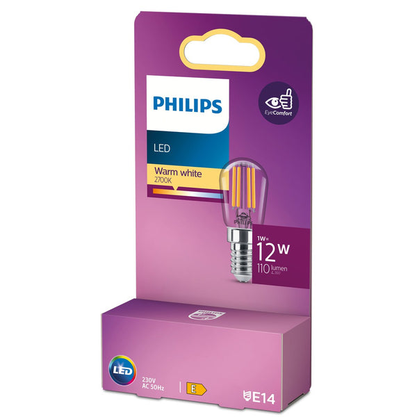 PHILIPS LEDClassic 12W T25S E14 klar ikke dæmpbar pære i emballage med varm hvid lysfarve 2700K og energimærkning E samt information om effekt og lumen i klar og farverig design
