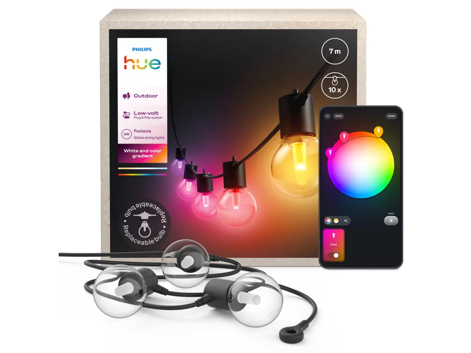 Philips Festavia Hue udendørs lyskæde med globepærer, 7 meter, 10 pære