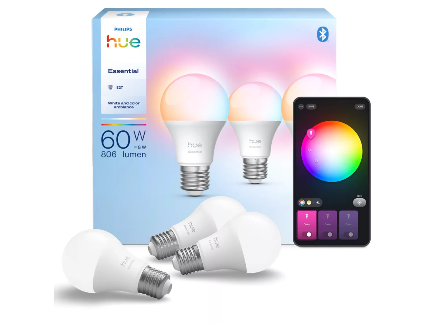 Philips Hue Essential A60 - E27 pære - 806 lm - 8 W - 3-pak