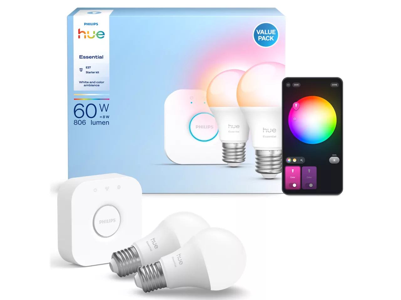 Philips Hue Essentielt startsæt: 2 E27 pærer (806 lm)