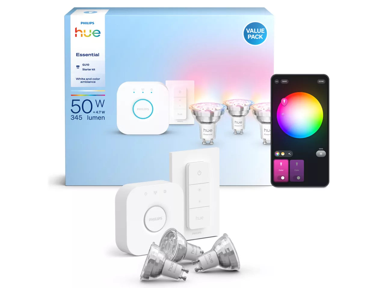Philips Hue Essentielt startsæt: 3 x GU10 pærer (345 lm) + Hue Dimmer switch