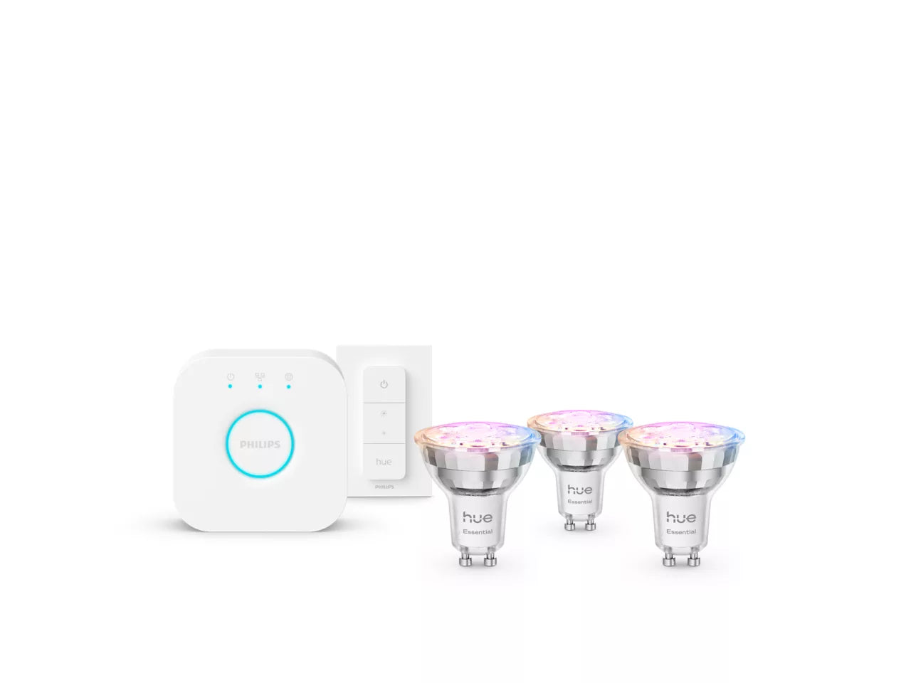 Philips Hue Essentielt startsæt: 3 x GU10 pærer (345 lm) + Hue Dimmer switch
