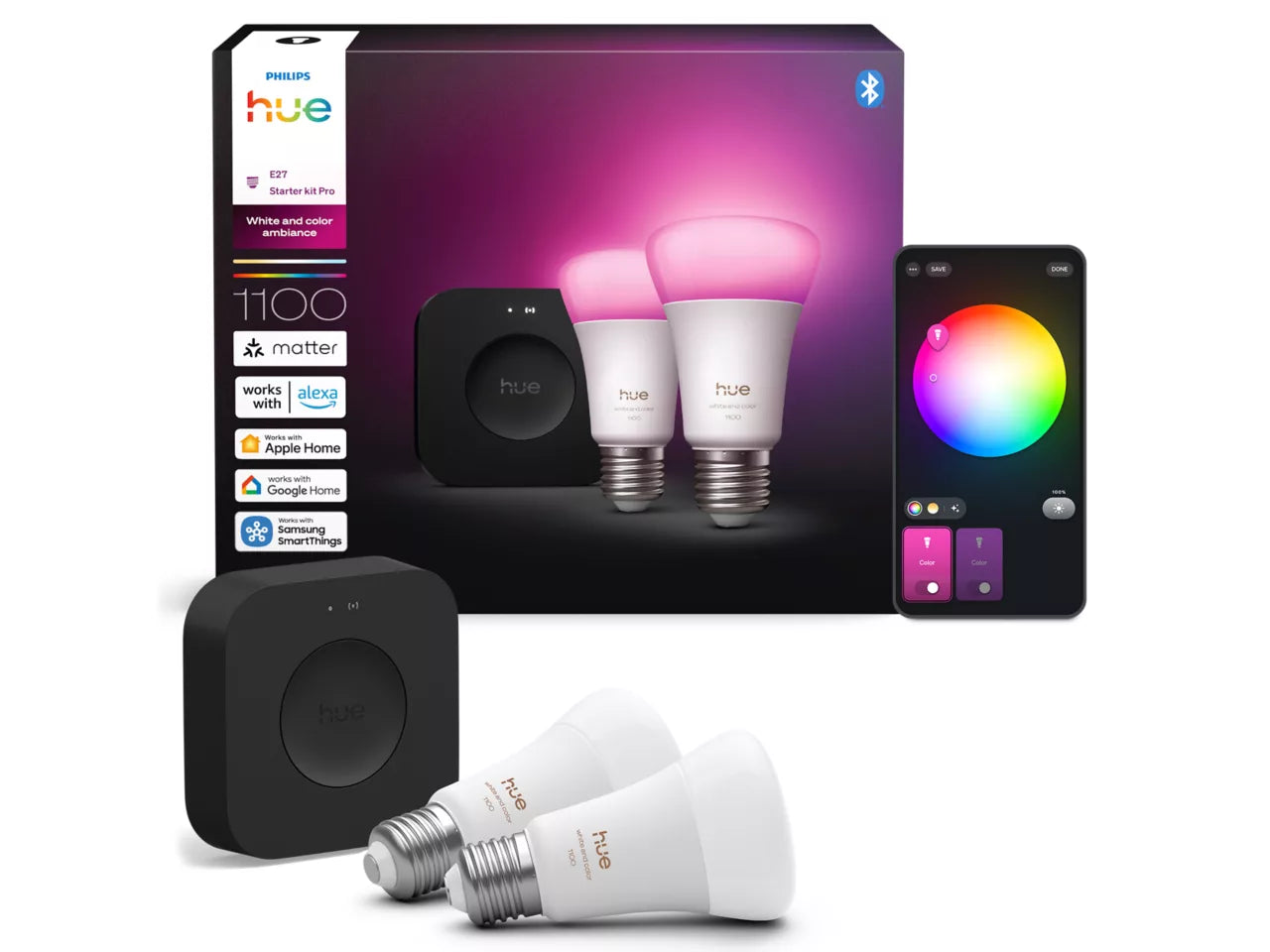 Philips Hue Startsæt: 2 x E27 pærer + Bridge Pro
