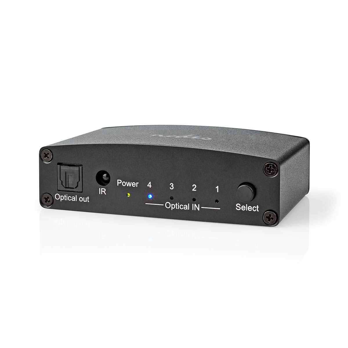 Nedis - Digital Audio Switch | 4-vejs | Indgang til lyd- / video- / dataforbindelser: DC Power / 4x TosLink | Audio / video / dataforbindelser output: TosLink Female | Fjernbetjening / Manual / Trykknap | Metal | Sort - ASWI2514BK