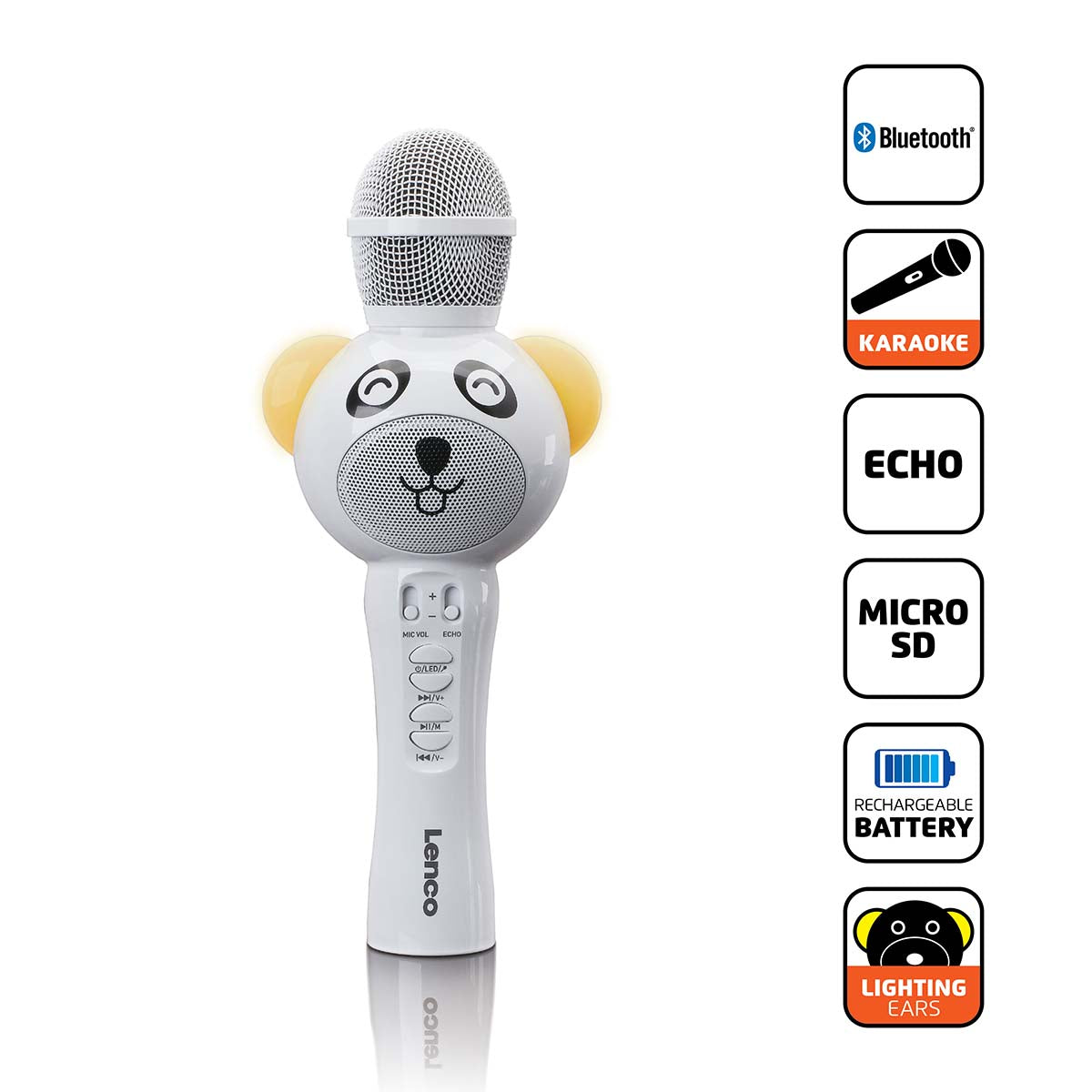 Lenco - Karaoke microphone with Bluetooth®, SD slot, lighting, Aux out, white - BMC-120WH