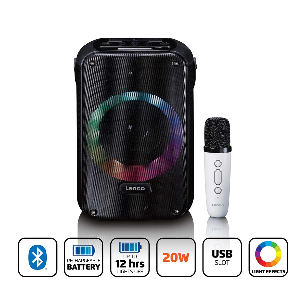 Lenco - Karaokeanlæg med Bluetooth®, genopladeligt batteri, trådløs karaokemikrofon og disco-LED-belysning Sort - BTC-060BK