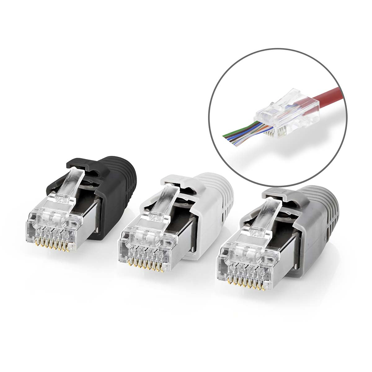 Nedis - RJ45-stik | RJ45 Pass Through | Fast/strenget FTP CAT7 | Lige | Guldplateret | 10 stk. | Polycarbonate | Grå / Hvid / Sort | Box - CCBW89390GY
