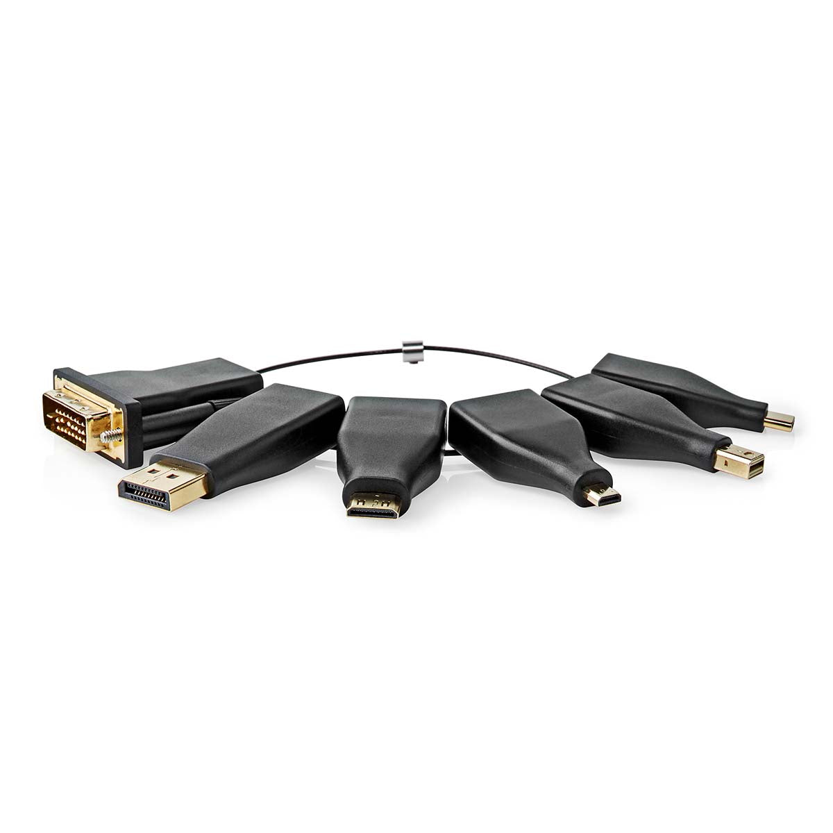 Nedis - HDMI™ Adapter | DisplayPort Han / DVI-D 24 + 1-pin han / HDMI™ Micro-stik / HDMI™ Mini-stik / Mini DisplayPort han / USB-C™ Han | HDMI ™ -udgang | Guldplateret | Lige | PVC | Sort | 1 stk. | Box - CCGB34999BK